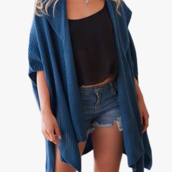 Oversized Navy Blue Open Front Poncho Shawl Sweater Cardigan One size - Picture 2 of 13